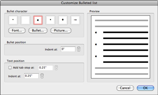 word for mac bullets change